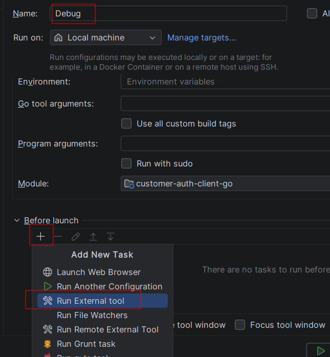 Before launch → Run External tool
